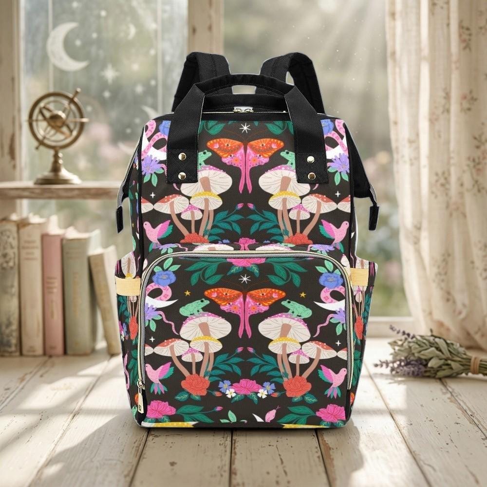 Woodland Moth Mushroom Diaper Backpack, Cottagecore Floral Baby Bag, Organizer Travel Bag