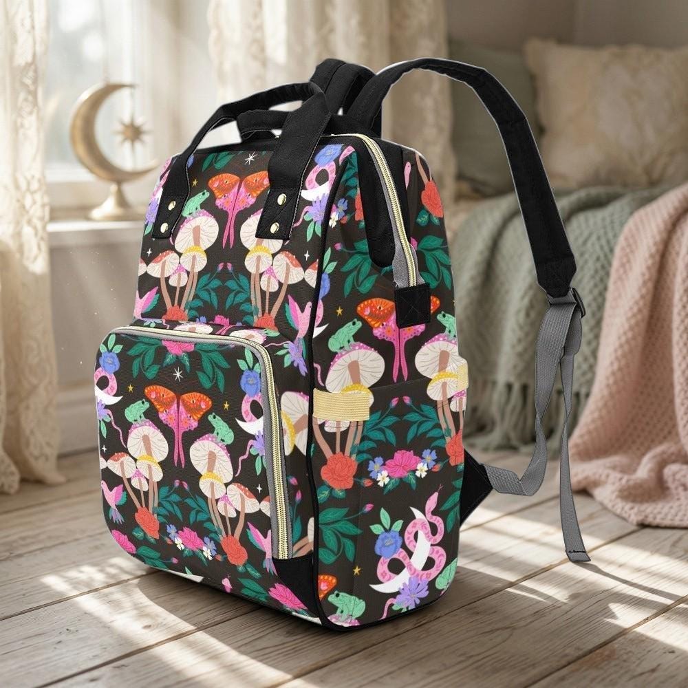 Woodland Moth Mushroom Diaper Backpack, Cottagecore Floral Baby Bag, Organizer Travel Bag