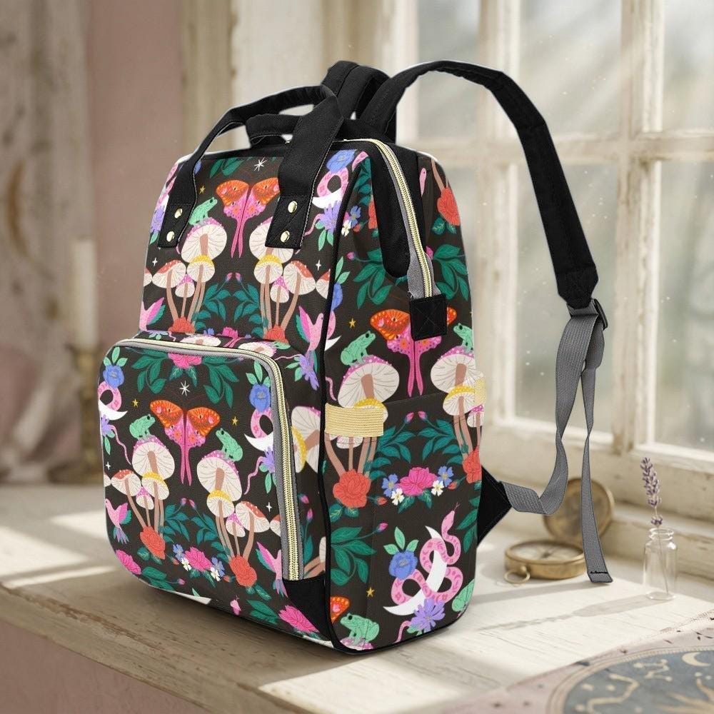 Woodland Moth Mushroom Diaper Backpack, Cottagecore Floral Baby Bag, Organizer Travel Bag