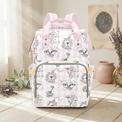 Pink Diaper Backpack, Wonderland Cat Clock Key Print Mommy Bag, Pastel Nursery Travel Bag