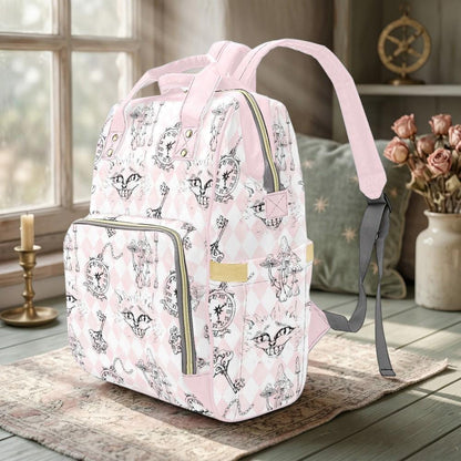 Pink Diaper Backpack, Wonderland Cat Clock Key Print Mommy Bag, Pastel Nursery Travel Bag