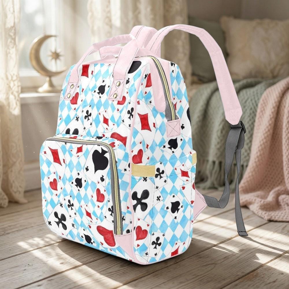 Alice in Wonderland Diaper Bag Backpack, Whimsical Print Mom Bag, Baby Travel Organizer