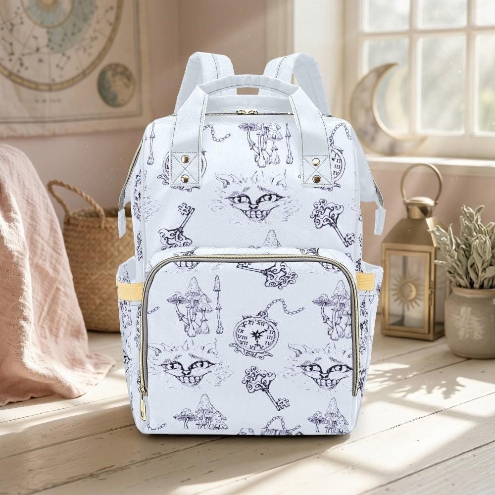 Pastel Diaper Bag Backpack, Whimsical Cat Clock Sketch Print, Baby Travel Bag