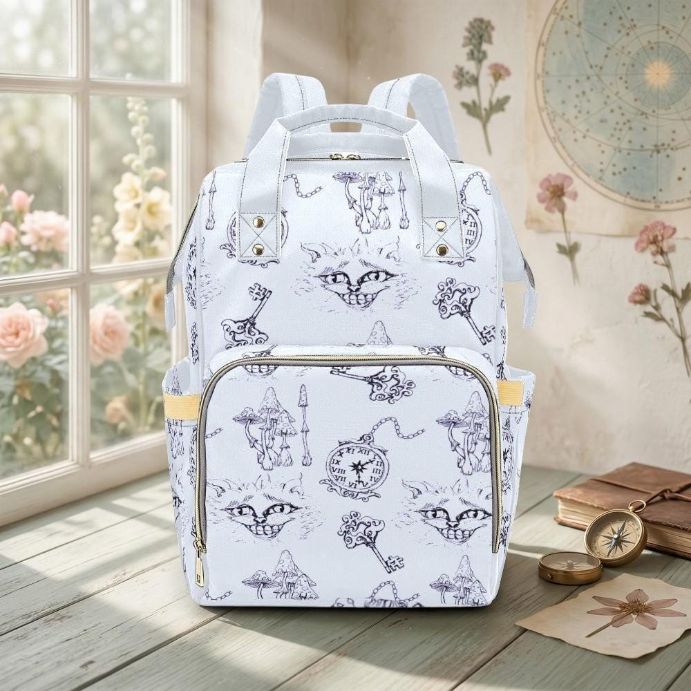 Pastel Diaper Bag Backpack, Whimsical Cat Clock Sketch Print, Baby Travel Bag