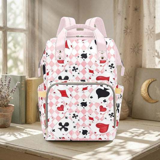 Pink Diaper Backpack, Card Print Baby Bag, Argyle Nursery Organizer, Heart Suit Travel Backpack