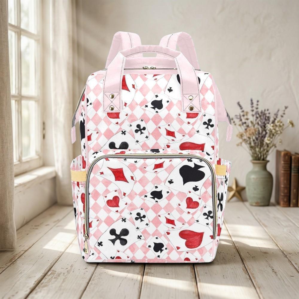 Pink Diaper Backpack, Card Print Baby Bag, Argyle Nursery Organizer, Heart Suit Travel Backpack