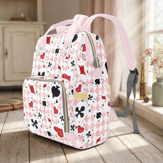 Pink Diaper Backpack, Card Print Baby Bag, Argyle Nursery Organizer, Heart Suit Travel Backpack