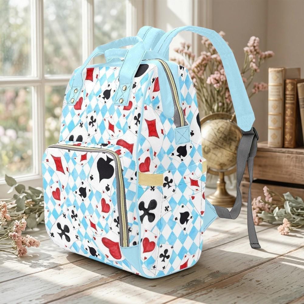 Playing Card Diaper Backpack, Blue Argyle Baby Organizer, Card Suit Nursery Bag, Travel Bag