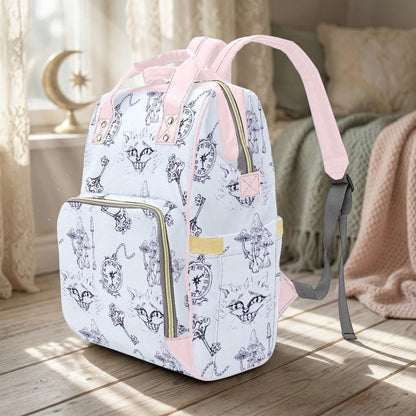 Blue Diaper Backpack, Storybook Baby Bag, Cat Clock Key Print Parent Backpack