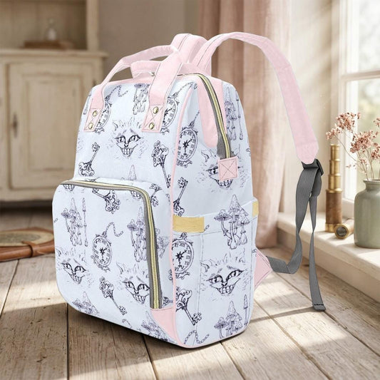 Blue Diaper Backpack, Storybook Baby Bag, Cat Clock Key Print Parent Backpack