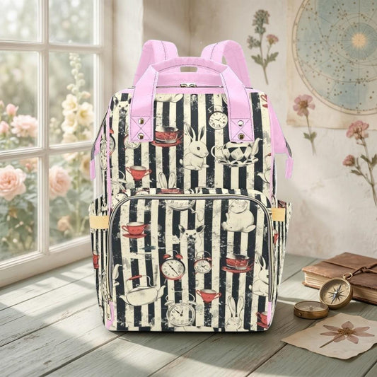 Pink Diaper Bag Backpack, Whimsical Tea Room Rabbit Print, Baby Travel Organizer