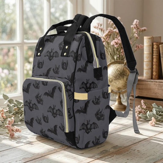 Bat Print Diaper Backpack, Baby Bag Travel Organizer, Night Bat Pattern, Dark Nursery Mom Bag
