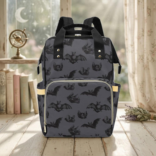 Bat Print Diaper Backpack, Baby Bag Travel Organizer, Night Bat Pattern, Dark Nursery Mom Bag