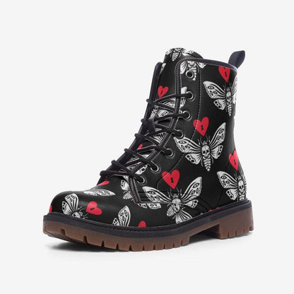 Gothic Moth Combat Boots, Vegan Leather Lace-Up, Edgy Unisex Biker Style, Festival, Dark Fashion