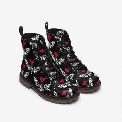 Gothic Moth Combat Boots, Vegan Leather Lace-Up, Edgy Unisex Biker Style, Festival, Dark Fashion