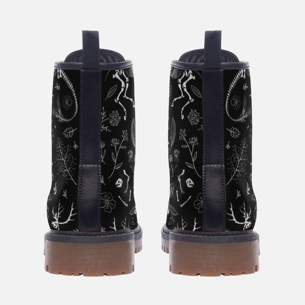 Goth Combat Boots with Occult Print, Witchy Lace Up Ankle Boots, Alternative Festival Shoes