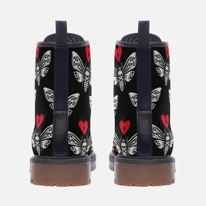 Gothic Moth Combat Boots, Vegan Leather Lace-Up, Edgy Unisex Biker Style, Festival, Dark Fashion