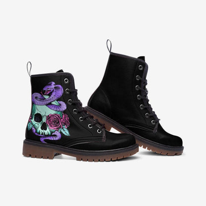 Pastel Goth Skull Snake Vegan Combat Boots, Celestial Witchy Festival Footwear