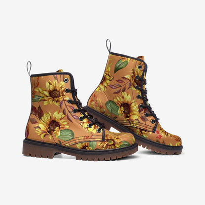 Sunflower Combat Boots for Fall, Rustic Boho Floral Lace Up Shoes