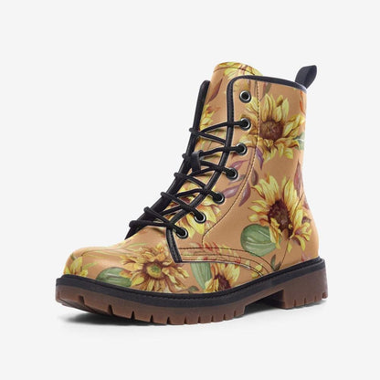 Sunflower Combat Boots for Fall, Rustic Boho Floral Lace Up Shoes