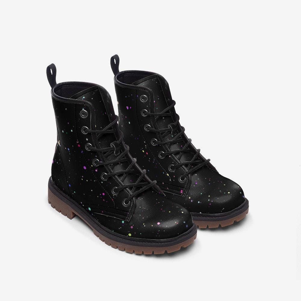 Black Paint Splatter Combat Boots, Colorful Festival Lace Up Ankle Shoes