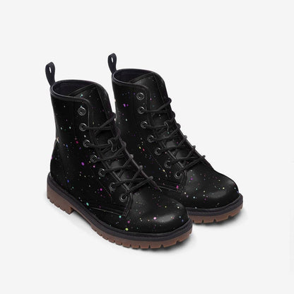 Black Paint Splatter Combat Boots, Colorful Festival Lace Up Ankle Shoes