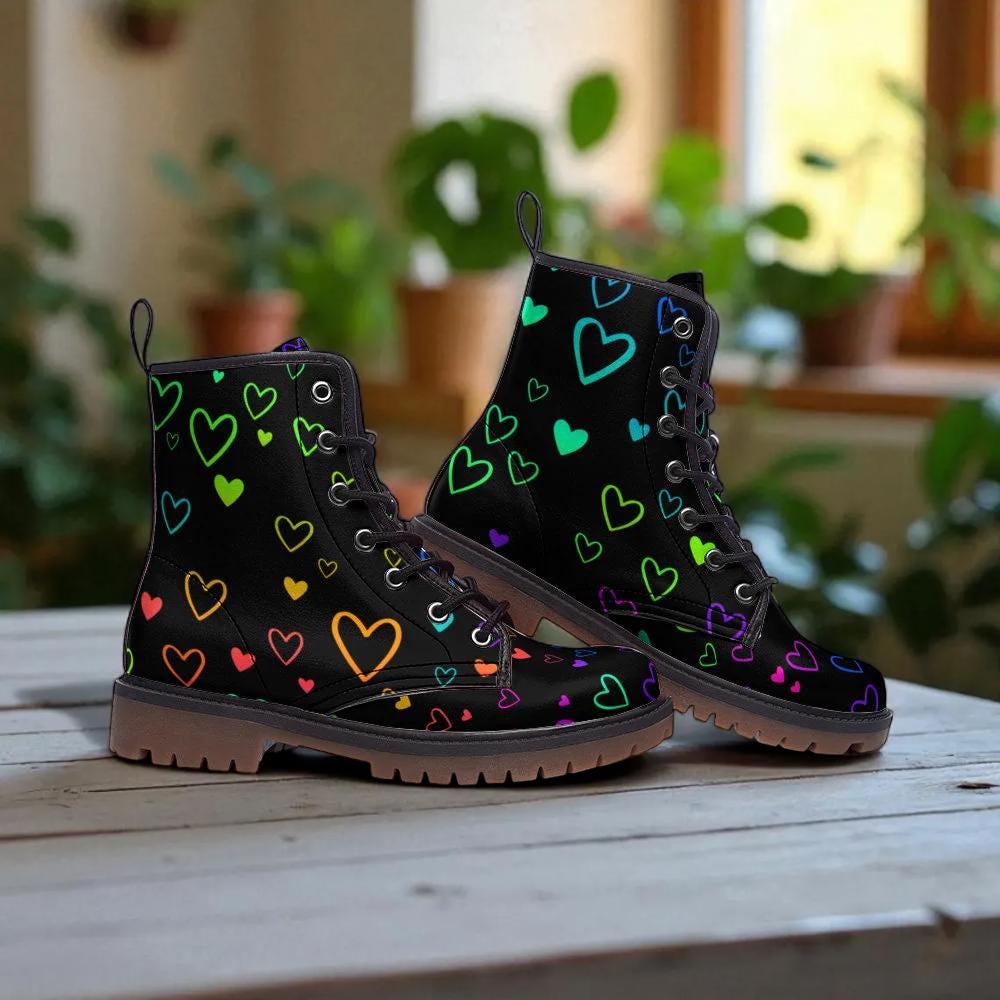 Rainbow heart combat boots, pastel pride lace up shoes, festival colorful footwear, vegan leather, dopamine fashion