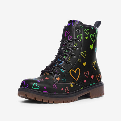 Rainbow Heart Combat Boots, Pastel Pride Lace Up Shoes, Vegan Leather Festival Footwear