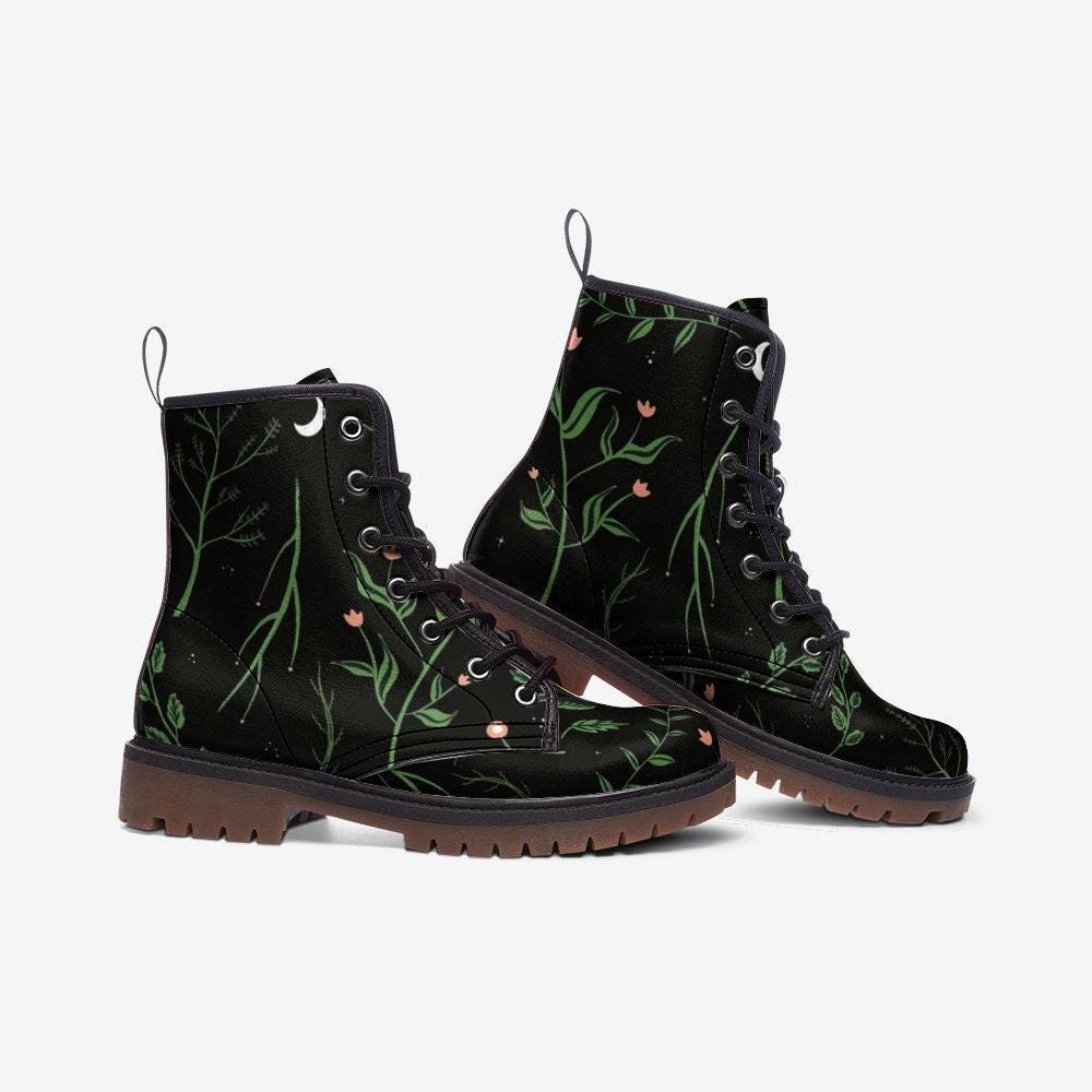 Green botanical combat boots, leaf lace up rave shoes, eco vegan leather