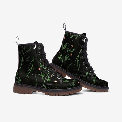 Green botanical combat boots, leaf lace up rave shoes, eco vegan leather