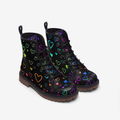 Rainbow Heart Combat Boots, Pastel Pride Lace Up Shoes, Vegan Leather Festival Footwear