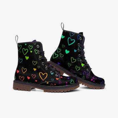 Rainbow Heart Combat Boots, Pastel Pride Lace Up Shoes, Vegan Leather Festival Footwear
