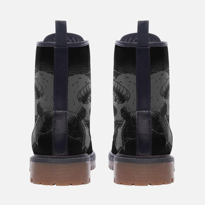 Gothic Skull Vegan Leather Combat Boots, Unisex Punk Lace-Up Ankle Shoes