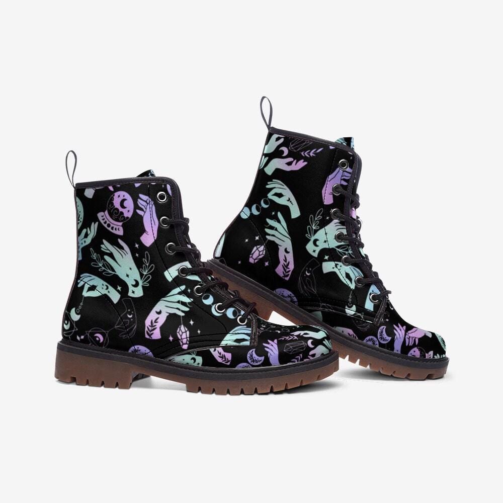 Witchy Combat Boots Celestial Moon Crystal Print Pastel Goth Lace Up Shoes