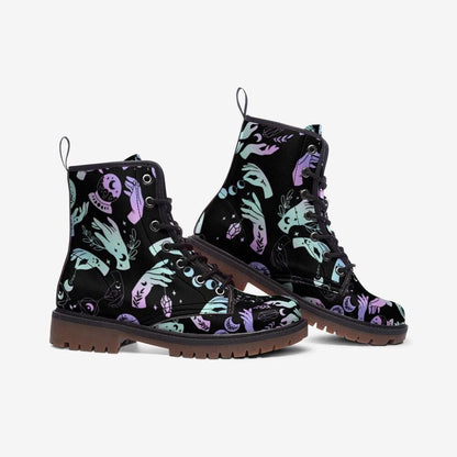Witchy Combat Boots Celestial Moon Crystal Print Pastel Goth Lace Up Shoes
