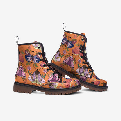Luna Moth Combat Boots, Peach Witchy Ankle Boots, Pastel Goth Nature Shoes