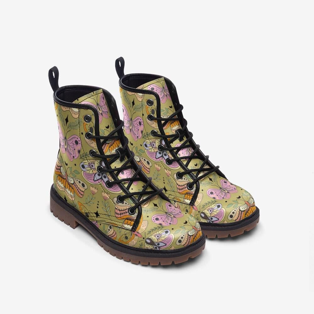 Butterfly Combat Boots, Pastel Moth Floral Shoes, Cottagecore Lace Up Ankle Boots