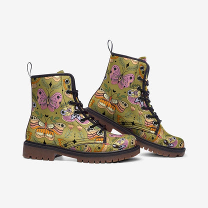 Butterfly Combat Boots, Pastel Moth Floral Shoes, Cottagecore Lace Up Ankle Boots