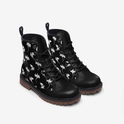 White dragon combat boots, fantasy lace-up shoes, vegan leather