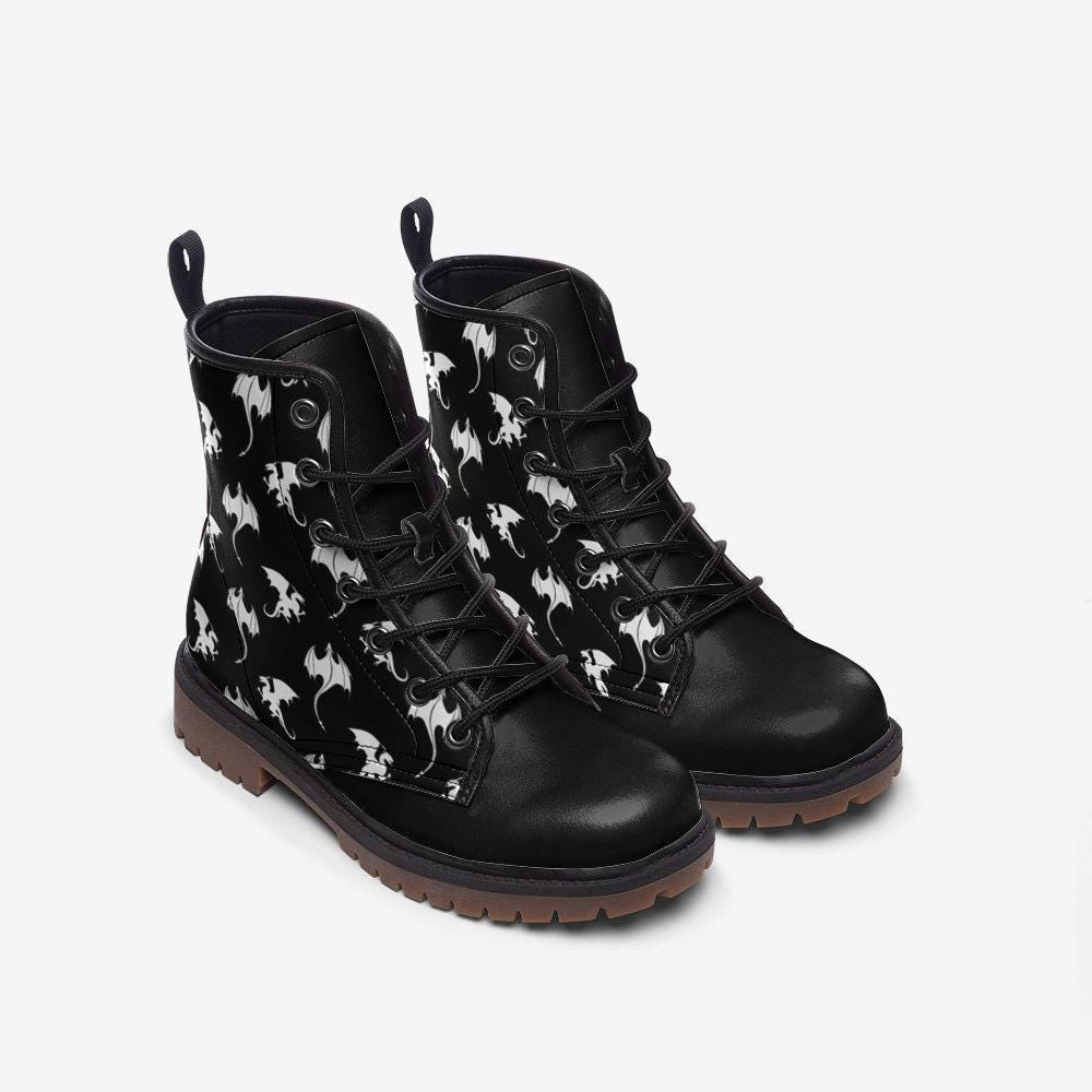 White dragon combat boots, fantasy lace-up shoes, vegan leather, festival cosplay, rave dragon footwear