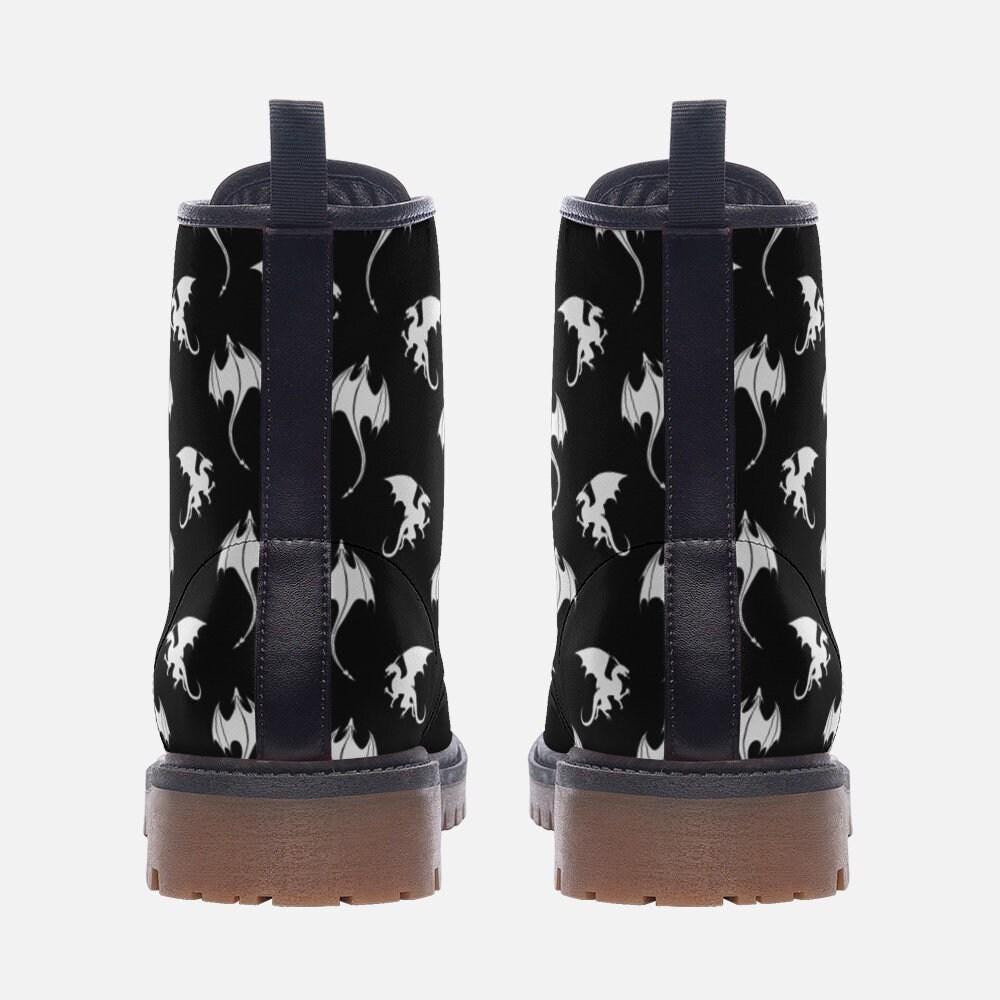 White dragon combat boots, fantasy lace-up shoes, vegan leather, festival cosplay, rave dragon footwear