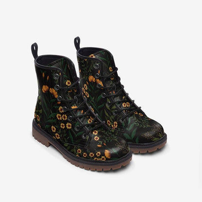 Black Floral Combat Boots, Cottage Goth Lace Up Ankle Boots, Moody Garden Shoes