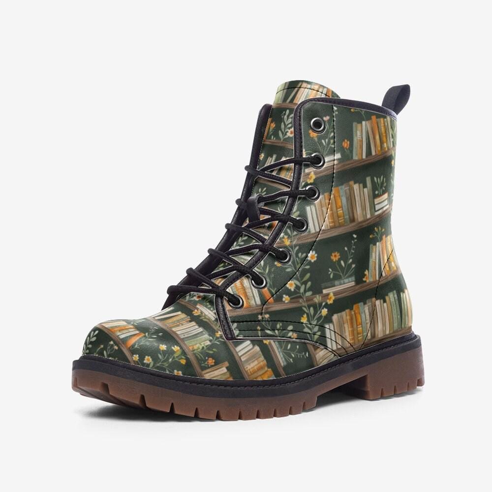 Dark Academia Boots Bookshelf Floral Print Book Lover Lace Up Shoes