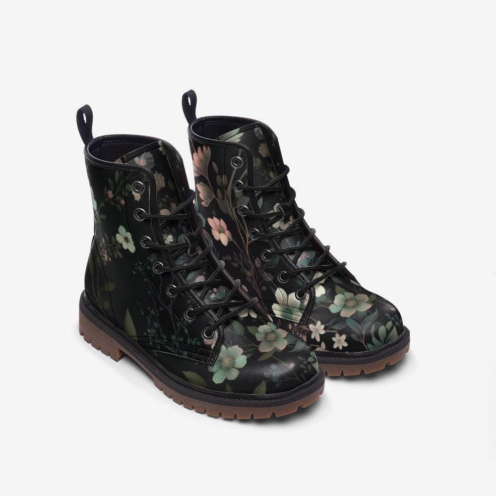 Dark Floral Combat Boots, Gothic Botanical Lace Up Shoes, Cottagecore Grunge Festival Boots