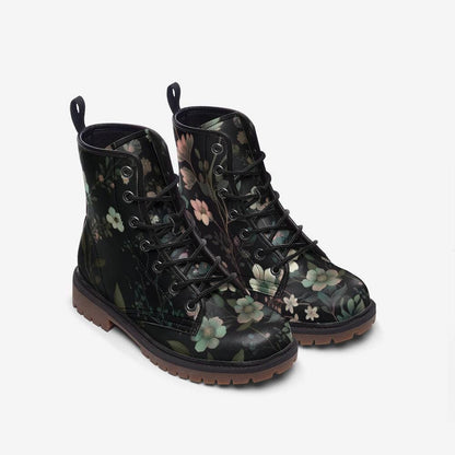 Dark Floral Combat Boots, Gothic Botanical Lace Up Shoes, Cottagecore Grunge Festival Boots