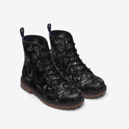 Gothic Damask Combat Boots, Black Victorian Floral Lace Up Boots, Dark Academia Shoes