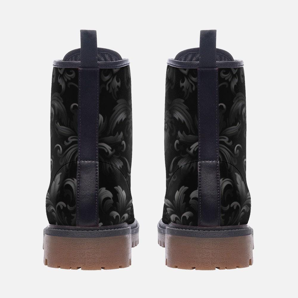 Gothic Damask Combat Boots, Black Victorian Floral Lace Up Boots, Dark Academia Shoes