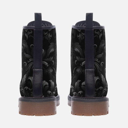 Gothic Damask Combat Boots, Black Victorian Floral Lace Up Boots, Dark Academia Shoes