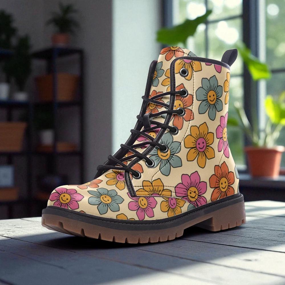 Vegan Combat Boots with Flower Pattern