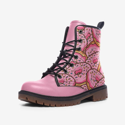 Donut Combat Boots Pink Lace Up Shoes, Sprinkle Print Ankle Boots for Sweet Style